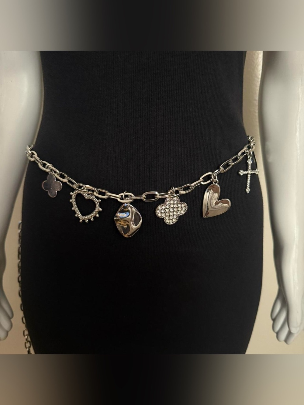 Silver tone metallic charms skinny chain belt